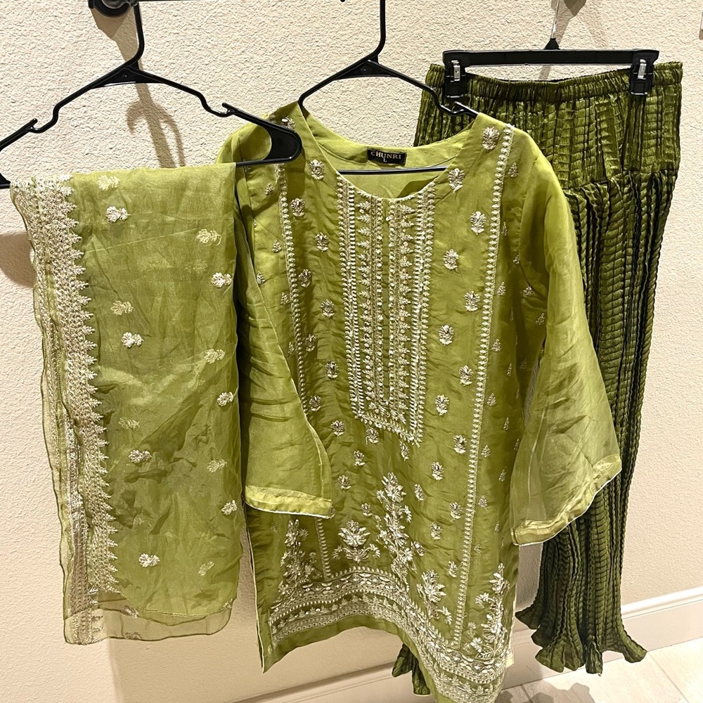 Green 3 Piece Embroidered Kurta Crushed Sharara